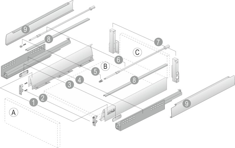 9214532 Комплект ящика Hettich, IT SS 420*176 серый полного выдвижения (индивид.упаковка) прикруч.